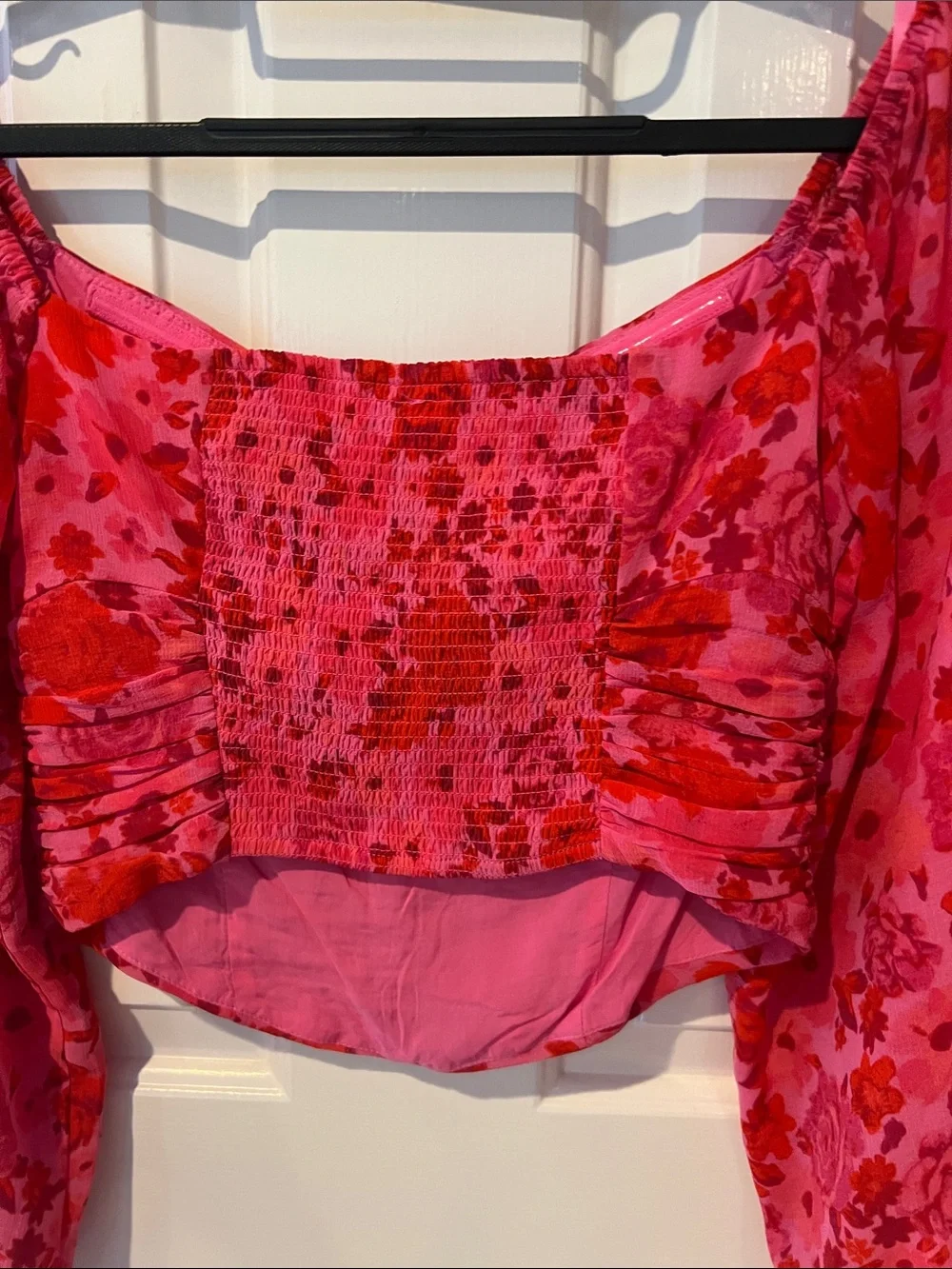 Free People Pink and Red Floral Off-Shoulder Ruched Blouse